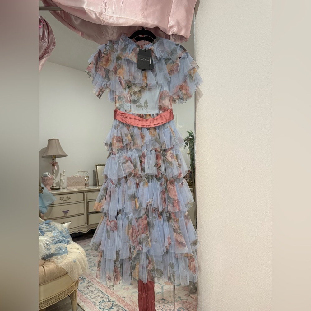 Needle & Thread Light Blue Floral Ruffle Tulle Dress with Pink Sash